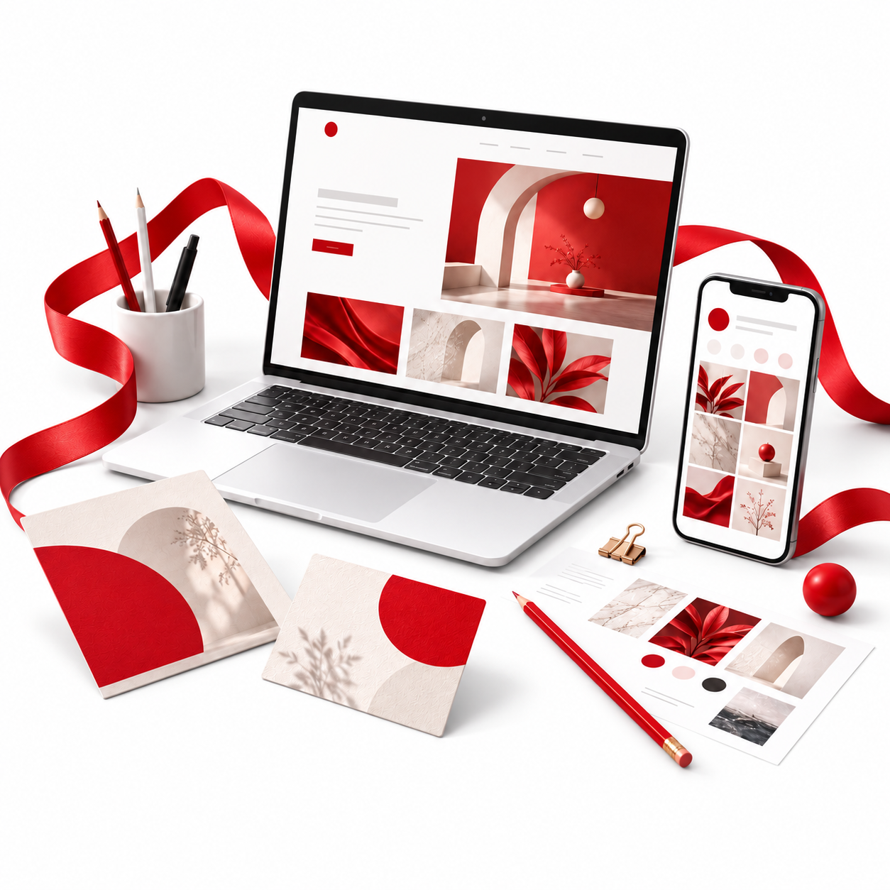 Red-and-white creative studio scene with a website on a laptop, social media on a phone and printed brand designs